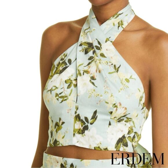 Erdem **NWT** Luna Poplin Cotton Halter Crop Top In Magnolia Garden Mint Green - Picture 1 of 16